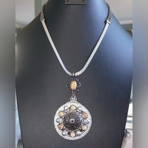 Silver-tone Pendant Necklace with Cream Cabochon Accents